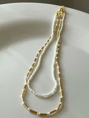 Exquisite  Yellow Gold and White Beaded Layered Necklace